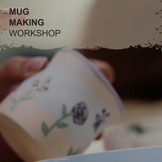 Slide 8 of the carousel: a hand-painted mug with small flowers, titled Mug Making Workshop.