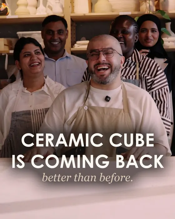 Cover of a Ceramic Cube reel: five members of the team laughing in the studio, with the words Ceramic Cube is coming back, better than before.