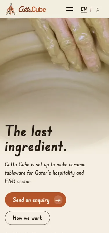 The Cotta Cube website home page on a phone: the headline The last ingredient over a potter’s hands.